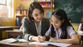 Cô giáo hướng dẫn học sinh làm bài