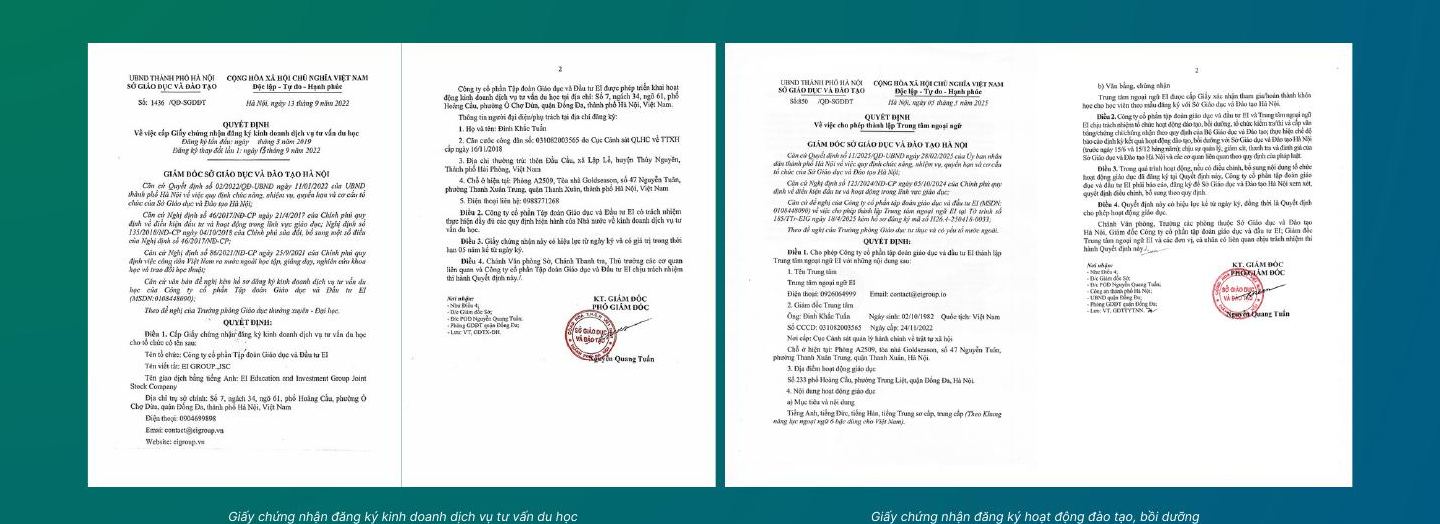 Giấy chứng nhận đăng ký dịch vụ tư vấn du học và hoạt động đào tạo